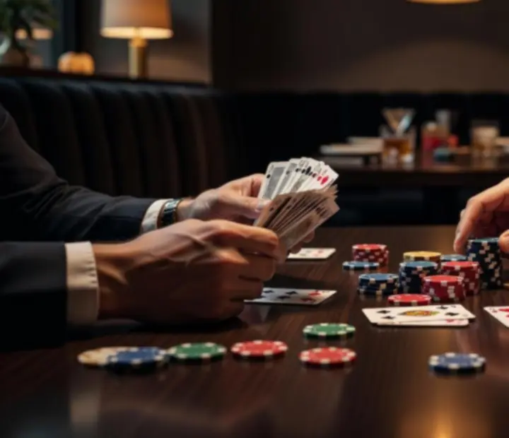 Stół pokerowy w restauracji Strefaro z kartami i żetonami przygotowanymi do rekreacyjnej gry