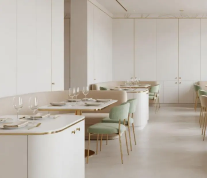 Nowoczesne, jasne wnętrze restauracji Strefaro z beżowymi i piaskowymi akcentami
