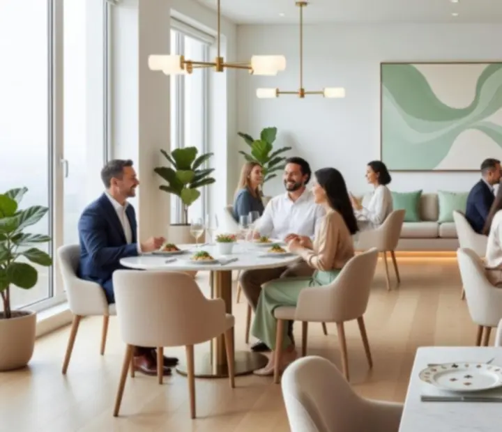 Elegancka, jasna sala restauracyjna Strefaro z nakrytymi stołami.